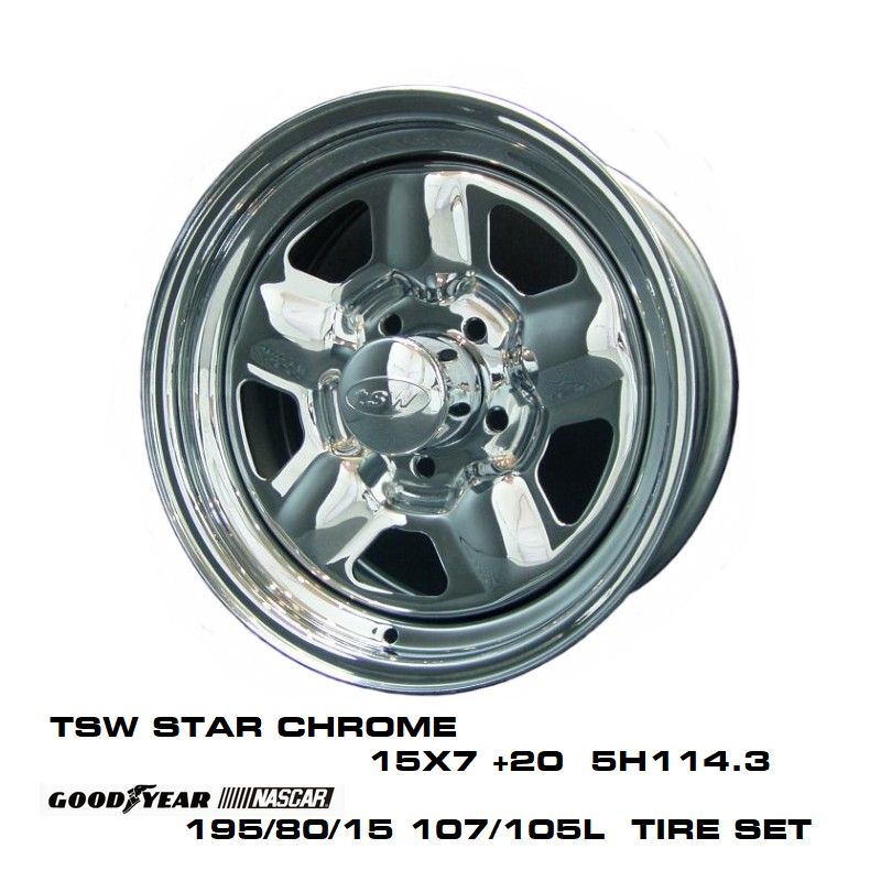 T.S.W STAR ［CHROME］ 15X7.0J +20 5H114.3 ＋ GOODYEAR NASCAR ホワイトレター 195/80/15 107/105L