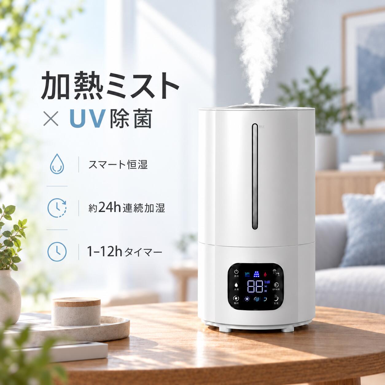 加湿器 大容量 5L 超音波式 加熱 ハイブリッド加湿器 上部給水 UV除菌 スマート恒湿 静音 寝室・卓上 リビング