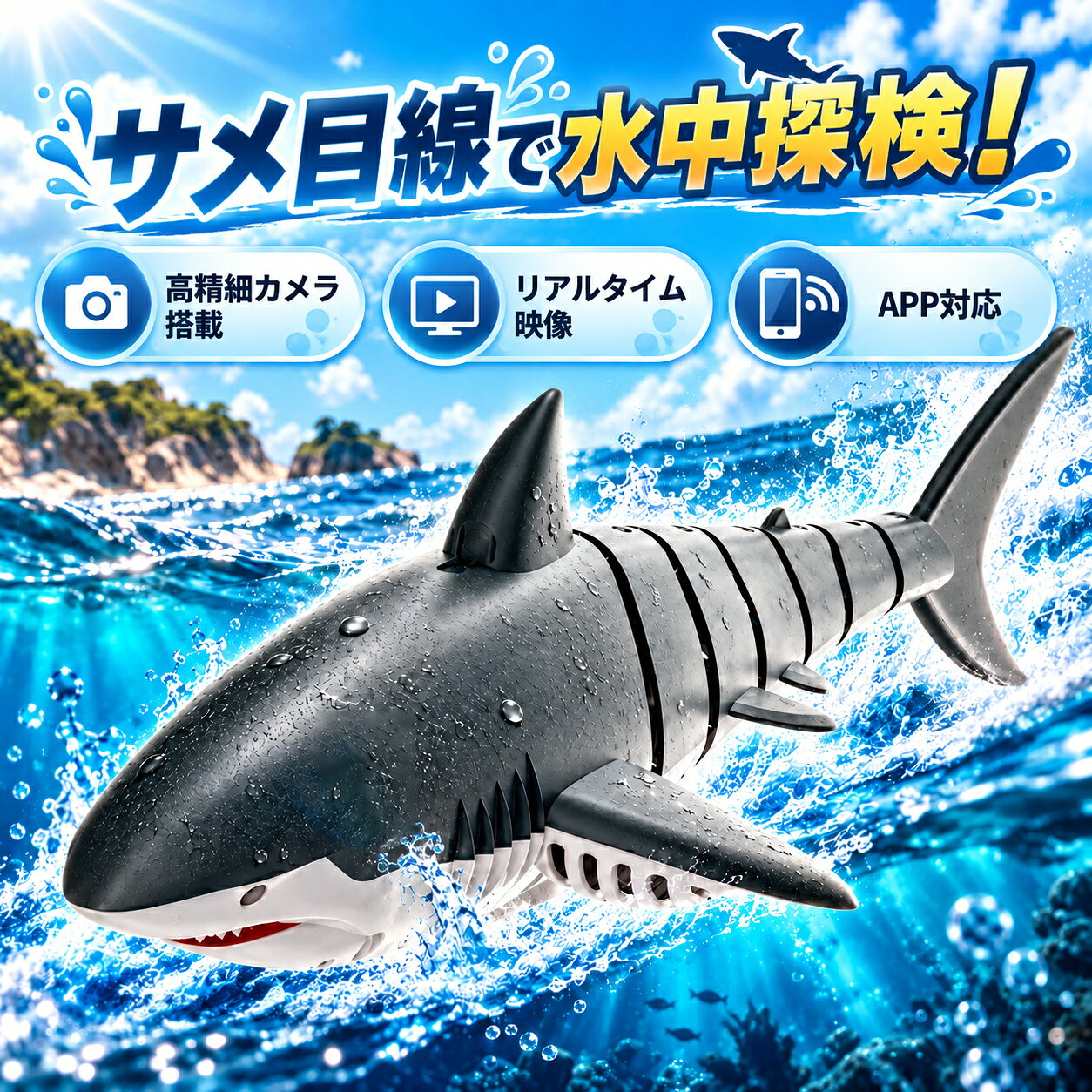 夏の水遊びが激変する！超リアル・サメ型ラジコン「RCシャーク」 噴水 × LEDライト × 360°アクロバット旋回 ■ まるで本物のサメ！大迫力のスイミングアクション 多関節ボディがしなやかに動き、サメの尾びれのようなリアルなスイングを演出します。デュアルプロペラとパワフルなモーターを搭載し、水面をスムーズかつダイナミックに走行！前進・後退・左右旋回はもちろん、360°方向転換も自由自在です。 ■ ワンタッチ噴水 ＆ 存在感抜群のLEDライト ボタン一つで頭部から水柱を噴射！走らせるだけでなく、噴水アクションで周囲の注目を集めます。さらにLEDライト搭載で、夕暮れ時の水辺でもひときわ目立つ演出が楽しめます。 遊び方に合わせて選べる2つのモデル 【標準モデル】（カメラなし） RC操作・噴水・LEDライト・360°旋回など、水上ラジコンの基本機能を存分に楽しめるモデルです。※背びれにカメラは付いていません。スマホホルダーは付属しません。 【カメラ搭載モデル】 背びれ部分にカメラを搭載！専用アプリを使用し、スマホで走行中の映像をリアルタイムで確認可能。付属のスマホホルダーを使えば、映像を見ながら臨場感あふれる操作が楽しめます。※アプリ対応環境や接続状況により、使用感が異なる場合があります。 ■ 安心の安全設計 ＆ 大容量バッテリー 【水感知式オートON/OFF】水に入れると自動で起動し、水から出すと停止する安全設計。お子様の水遊びの際にも扱いやすい仕様です。 【二重シール防水構造】バッテリーカバー部分は、ゴムリング密封＋独立カバーの二重構造。水の侵入を抑え、バッテリーを保護します。（※完全防水ではありません。水没にはご注意ください） 【2.4GHzリモコン】最大約50mの離れた場所からでも操作可能。（※環境により異なります） 【1200mAh着脱式バッテリー】連続使用時間は約20分。予備バッテリー付きセットなら、交換してより長く遊べます！ 商品仕様 商品サイズ 約39 × 15.5 × 10cm 対象年齢 14歳以上 操作方式 2.4GHzリモコン（最大操作距離：約50m） 主な機能 前進／後退／左右旋回／360°旋回／噴水／LEDライト／水感知式オートON/OFF バッテリー 1200mAh着脱式充電池（連続使用約20分） セット内容（標準モデル） RCシャーク本体、送信機、USB充電ケーブル、バッテリー、ドライバー セット内容（カメラ搭載） RCシャーク本体、送信機、スマホホルダー、USB充電ケーブル、バッテリー、ドライバー ご購入前に必ずご確認ください 標準モデルにはカメラおよびスマホホルダーは付属しません。カメラ機能をご希望の場合は「カメラ搭載モデル」をお選びください。 完全防水ではありません。本体が完全に水没するような激しい遊び方は故障の原因となります。 使用後は本体の水分をよく拭き取り、バッテリー収納部も含め十分に乾燥させてから保管してください。 商品サイズ、バッテリー使用時間、操作距離には多少の個体差や使用環境による差異がございます。 画像の色味はご利用のモニター環境により実物と異なる場合がございます。あらかじめご了承ください。まるで本物！水面を自在に泳ぐ大迫力のサメ型ラジコン！ 多関節ボディが織りなすリアルな泳ぎに加え、【ワンタッチ噴水】【LEDライト】【360°旋回】で水遊びがさらに盛り上がる！ 選べる2つのモデルとバッテリーセットで、お子様から大人まで時間を忘れて夢中になれるRCホビーです。 ⚠️ ご注文前に必ずご確認ください ⚠️ 本商品は【標準モデル（カメラなし）】と【カメラ搭載モデル】の2種類がございます。 ※「標準モデル」には背びれカメラ・スマホホルダーは付属しません。アプリ連動をご希望の方は必ず「カメラ搭載モデル」をご選択ください。