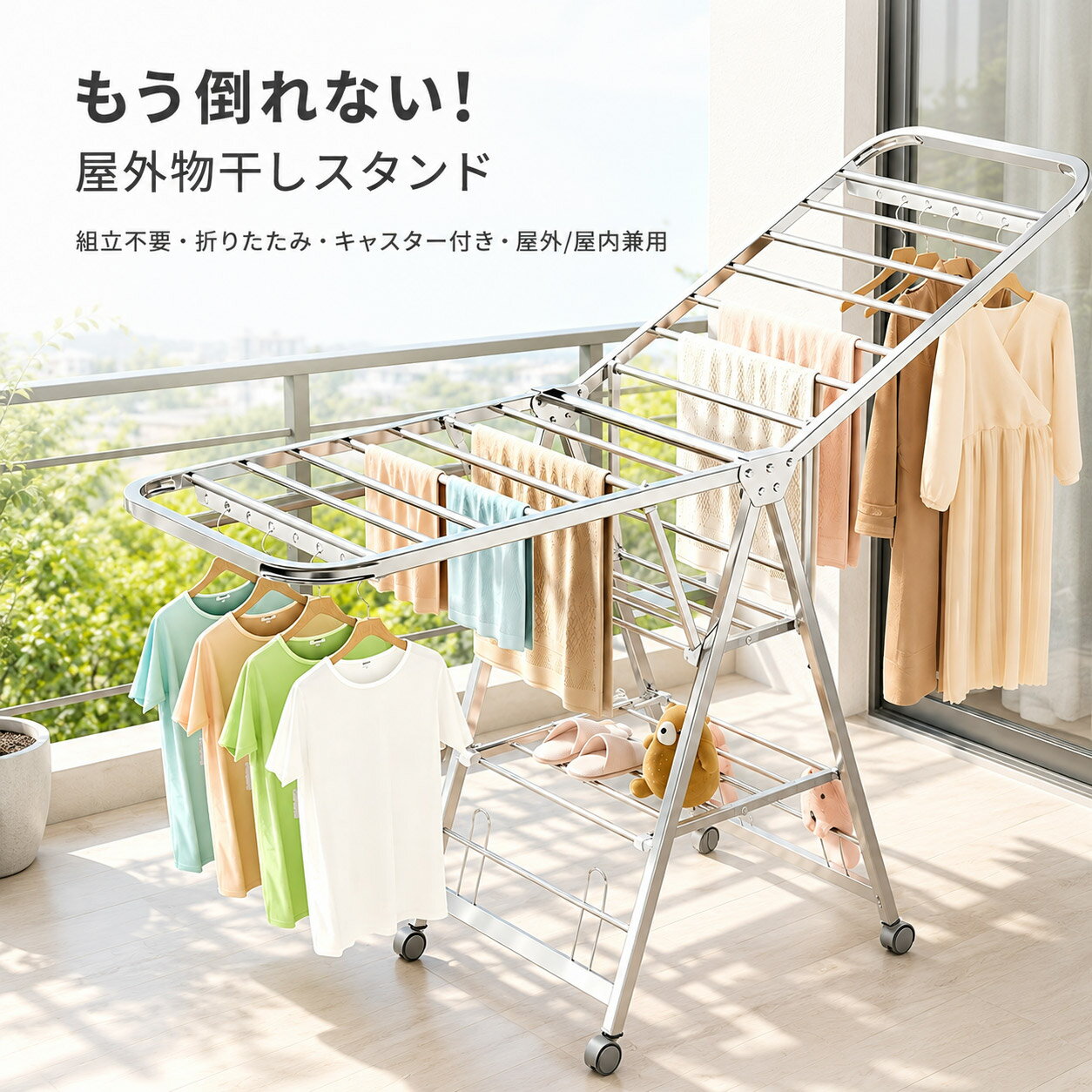 樂天商城 - 物干しスタンド 折りたたみ 大容量 ステンレス 屋外 室内 室内物干し キャスター付き 組立不要 スリム収納 2026新生活 布団干し ベランダ 部屋干し 伸縮 洗濯物干し 物干し竿 頑丈 錆びにくい 梅雨対策 タオル干し 靴掛け付 コンパクト 1人暮らし