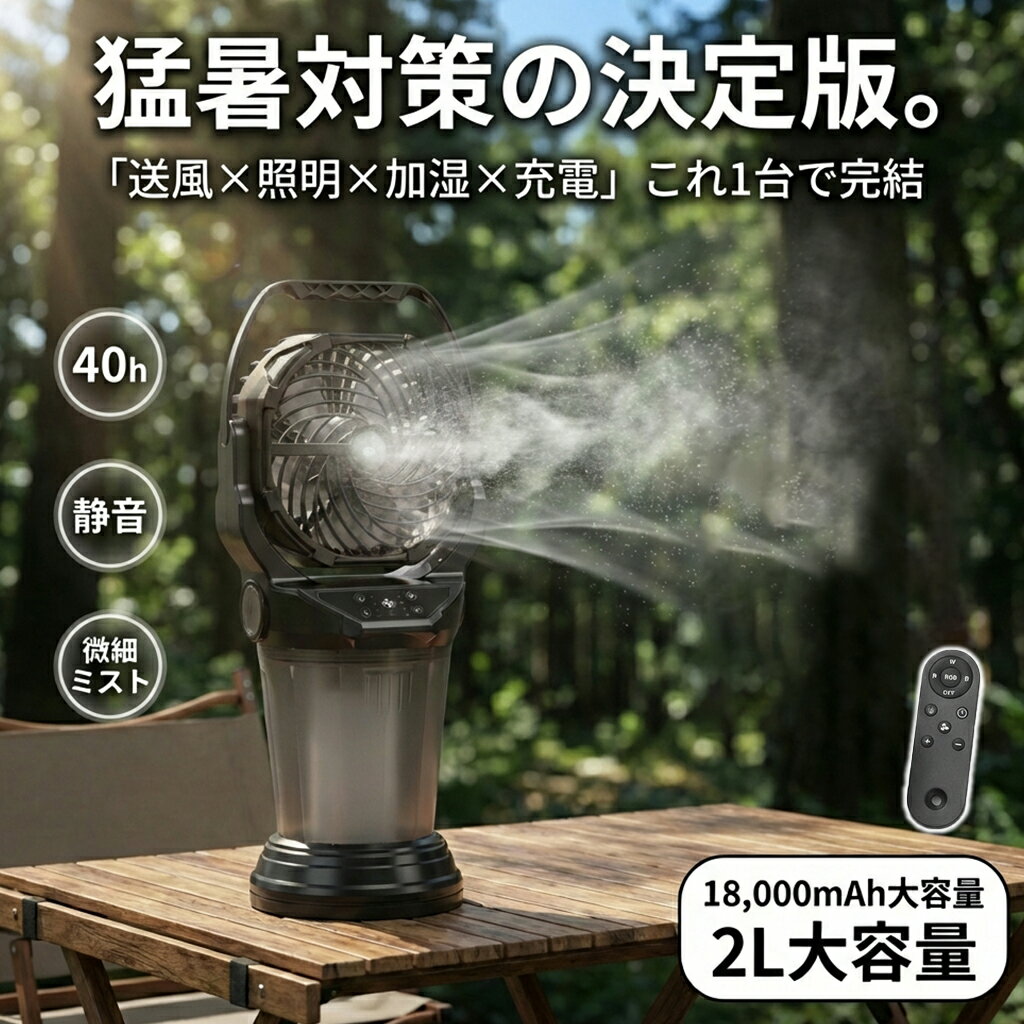 樂天商城 - 【加湿・LED照明】アウトドア 扇風機 キャンプ 扇風機 ミスト LEDランタン 冷風機 静音 卓上 ミストファン 18000mAh 最大40時間稼働 氷水対応 4色RGB雰囲気ライト リモコン操作 静音 大風量 ポータブルファン テント サーキュレーター 夏キャンプ 暑さ対策