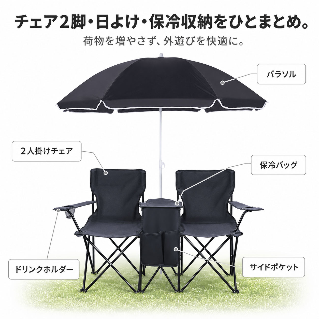 二人掛け アウトドア チェア アウトドアチェア 屋根付き 2人掛け 折りたたみ パラソル付き クーラーバッグ セット レジャーチェア キャンプ チェア ドリンクホルダー 頑丈 耐荷重 コンパクト キャンプ用品 釣り ピクニック BBQ 運動会 海水浴 ペア 収納バッグ付き tsfr-10000772 TSFR Life Store サンプル画像3