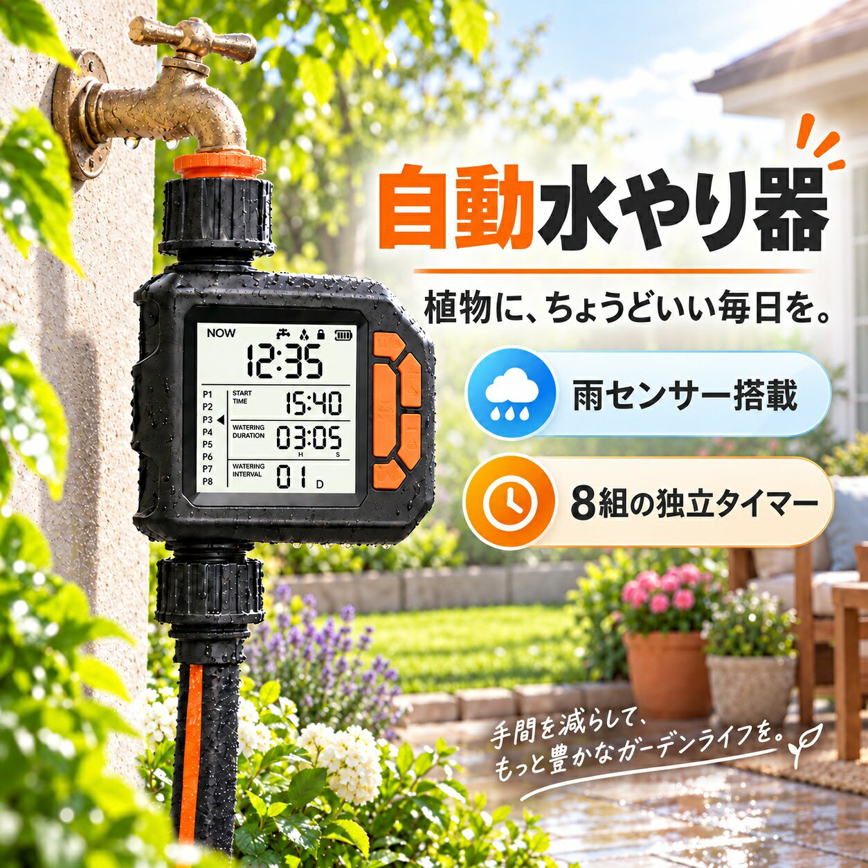 SK-G1 AUTOMATIC WATERING TIMER 水やりを「毎日の仕事」から、設定して任せる習慣へ。 雨の日も、留守の日も、植物に合わせたペースで。自動水やり器 SK-G1 が、お庭やベランダの散水管理をサポートします。 こんな水やりのお悩み、ありませんか？ ☑ 旅行や出張のたびに、鉢植えや家庭菜園が心配… ☑ 雨の日に散水を止め忘れて、水の無駄遣いや根腐れが気になる… ☑ 植物ごとに「何時から・どれくらい・何日おき」を細かく管理したい… ▼SK-G1なら、8組の独立タイマーと雨センサーで毎日の散水をもっと計画的に！ 毎日の水やりを支える5つのポイント 【01】雨を感知して、雨天時は自動で散水停止 雨の日まで予定どおりに水を出し続ける手間を減らす「雨水感知機能」を搭載。天候に合わせて散水を止めるため、留守中でも手動でバルブを閉めに戻る負担を軽減します。 【02】8組の独立タイマーで、植物に合わせやすい P1～P8の8組を個別に設定可能。朝夕で分けたい時や複数の散水タイミングを組みたい時など、単純なON/OFFだけでは足りない場面にも対応しやすく、毎日の園芸管理を仕組み化できます。 【03】秒単位から最長99分、さらに1～30日間隔 短時間の微噴霧から、じっくり行う散水まで時間を細かく設定。水やり間隔も1～30日で調整できるため、植物の種類や季節、設置環境に合わせた管理がしやすくなります。 【04】大画面LCD・手動水やり・チャイルドロック 設定状況を確認しやすい大画面LCDを採用。定時運転だけでなく、必要な時にすぐ水を出したい場面では手動水やりにも対応。チャイルドロック機能も備え、意図しない操作にも配慮されています。 【05】IPX5・3/4インチ接続、点滴・微噴・浸透灌水に 屋外で使う散水タイマーとしてIPX5防水に対応。3/4インチねじ接続で、点滴灌漑・微噴霧・浸透灌水システムの自動制御に活用できます。庭、ベランダ、家庭菜園、壁面緑化など幅広いシーンに。 よくあるご質問 Q. 雨の日も設定時刻になると散水しますか？ A. 雨水感知により、雨天時は散水を自動停止する仕様です。 Q. 必要な時だけ手動で水を出せますか？ A. はい。定時設定とは別に手動水やり機能を使用できます。 Q. 屋外で使えますか？ A. 本製品は屋外専用で、IPX5防水です。ただし水中への浸漬には対応していません。 Q. 冬季もそのまま設置できますか？ A. 防凍機能はありません。3℃未満になる環境では本体を取り外し、残水を抜き、電池を外して屋内保管してください。 主な仕様・ご購入前の注意 型番 SK-G1 接続口 給水口 3/4インチ内ねじ／出水口 3/4インチ外ねじ 使用水圧・流量 0.05～0.8MPa／500～1700L/H 電源・使用温度 1.5V単3形アルカリ乾電池×2本 / 3～45℃ 防水等級 IPX5（防噴流・水没使用不可） 【重要】必ずご確認ください 接続予定の蛇口・ホース側が3/4インチ規格に適合するかご確認ください。 IPX5は防噴流等級であり、完全防水・水没対応ではありません。 APP、Wi-Fi、Bluetoothなどのスマートフォンや無線操作機能は搭載していません。 保証・サポート条件はお買い物ガイドをご確認ください。自動水やり器 SK-G1 留守の日も、雨の日も。水やりをもっとラクに。 雨天時は自動停止で水枯れも根腐れも防ぐ 8組の独立タイマーで植物に合わせた管理 秒単位～99分・1～30日間隔の細かな設定 ※必ずご確認ください※ ・蛇口/ホース側が【3/4インチ規格】かご確認ください。 ・冬季（3℃未満）は凍結防止のため屋内保管が必要です。 ・スマホアプリ連動機能はございません。 ・完全防水（水没）ではありません（IPX5）。