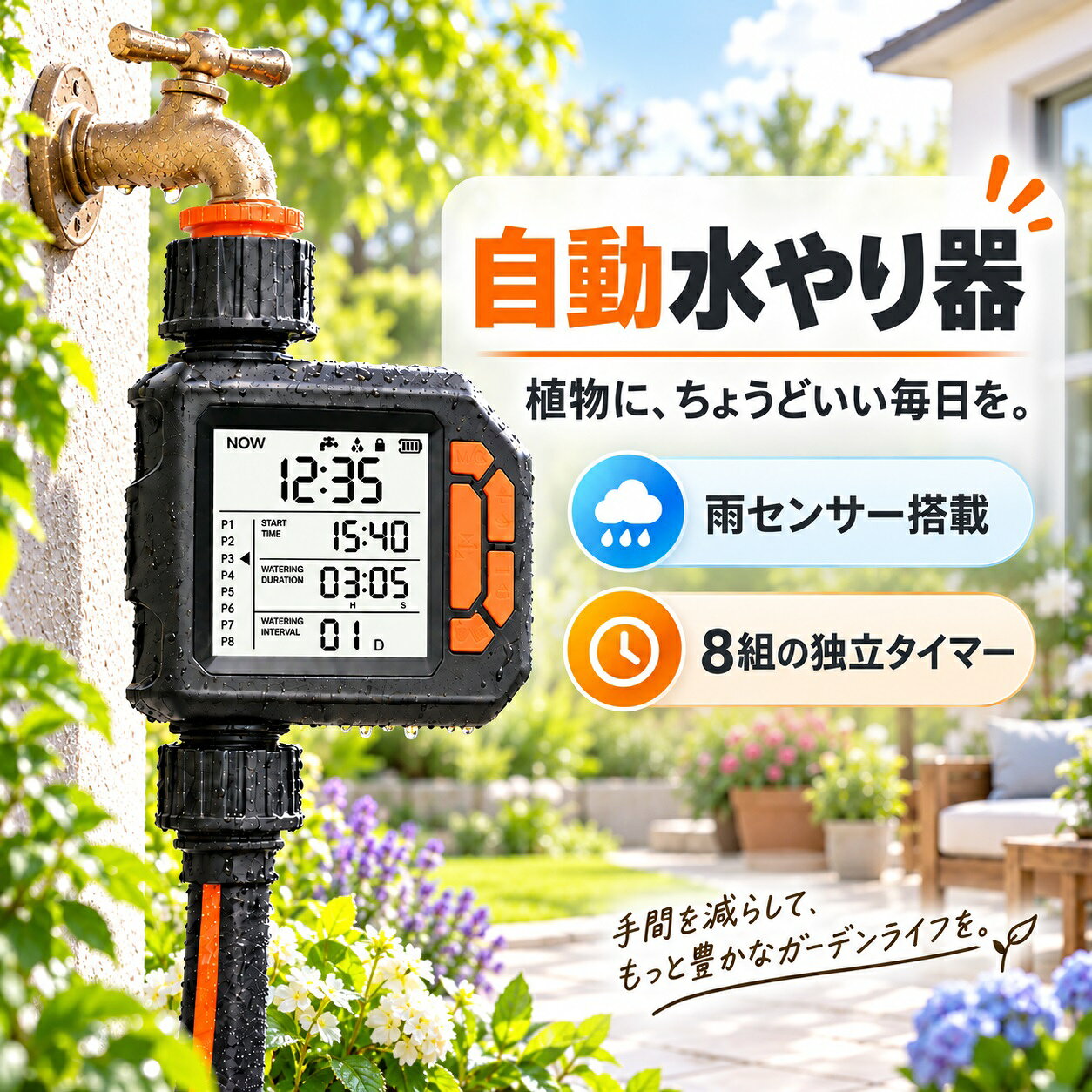 【2026最新型】自動水やり器 散水タイマー 水やりタイマー 自動散水 自動水やり機 雨センサー 8組独立タイマー 最長99分 秒単位設定 1～30日間隔 大画面LCD 手動散水 童ロック IPX5防水 3/4インチ 蛇口取付 電池式 点滴灌漑 微噴霧 家庭菜園 ベランダ 庭 屋外