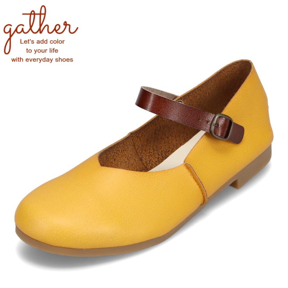 ギャザー gather G-1012 レディース靴 靴 シューズ 2E相当 カジュアル シューズ ラウンドトゥ フラット 歩きやすい シンプル イエロー SP