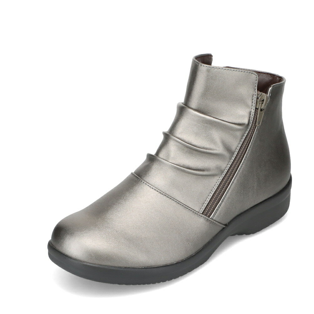 ラクチン らくちん 853A レディース靴 靴 シューズ 4E ブーツ ショート ギャザー しわ ファスナー ジッパー チャック シンプル シルバー SP