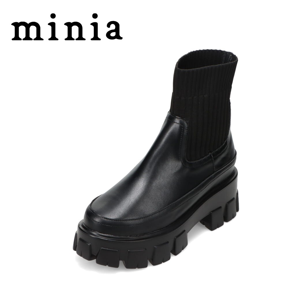 ミニア minia AS-1158 レディース靴 靴 シューズ 2E相当 ブーツ ニット ショート 厚底 歩きやすい フィット 柔らかい ボリュームソール 美脚 脚長 シンプル ブラック SP