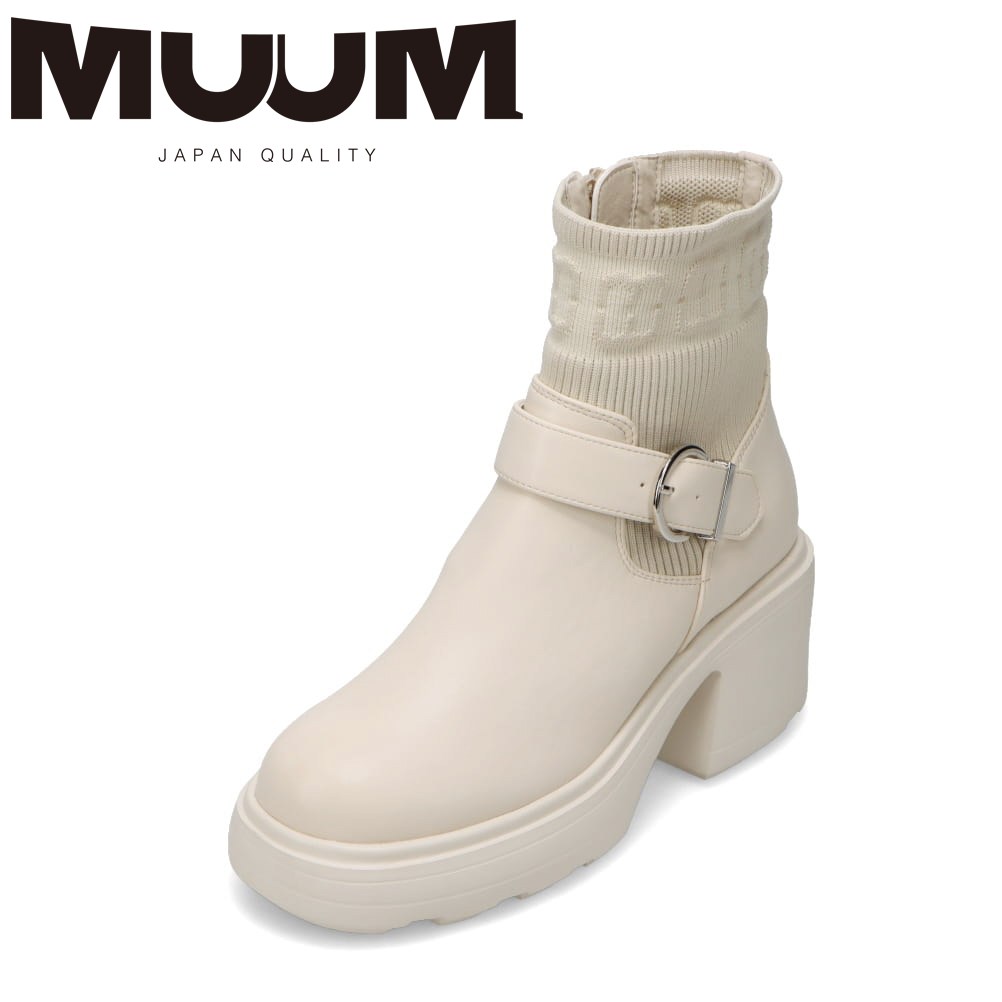 ムーム MUUM MM7451 レディース靴 靴 シューズ 2E相当 ブーツ ショート エンジニア ニット ソックス 厚底 ファスナー ジッパー チャック ベルト バックル 金具 柔らかい アイボリー TSRC