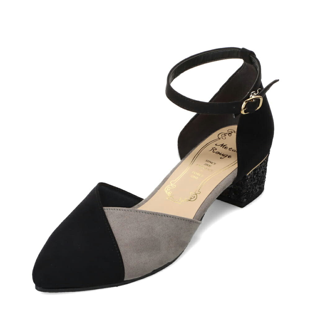 メタルルージュ Metal Rouge MR380 レディース靴 靴 シューズ 2E相当 パンプス アンクル ストラップ ローヒール 通勤 オフィス ビジネス 結婚式 パーティー フォーマル オケージョン 歩きやすい 疲れにくい グリッター ラメ チャンキーヒール ブラック×スエード TSRC
