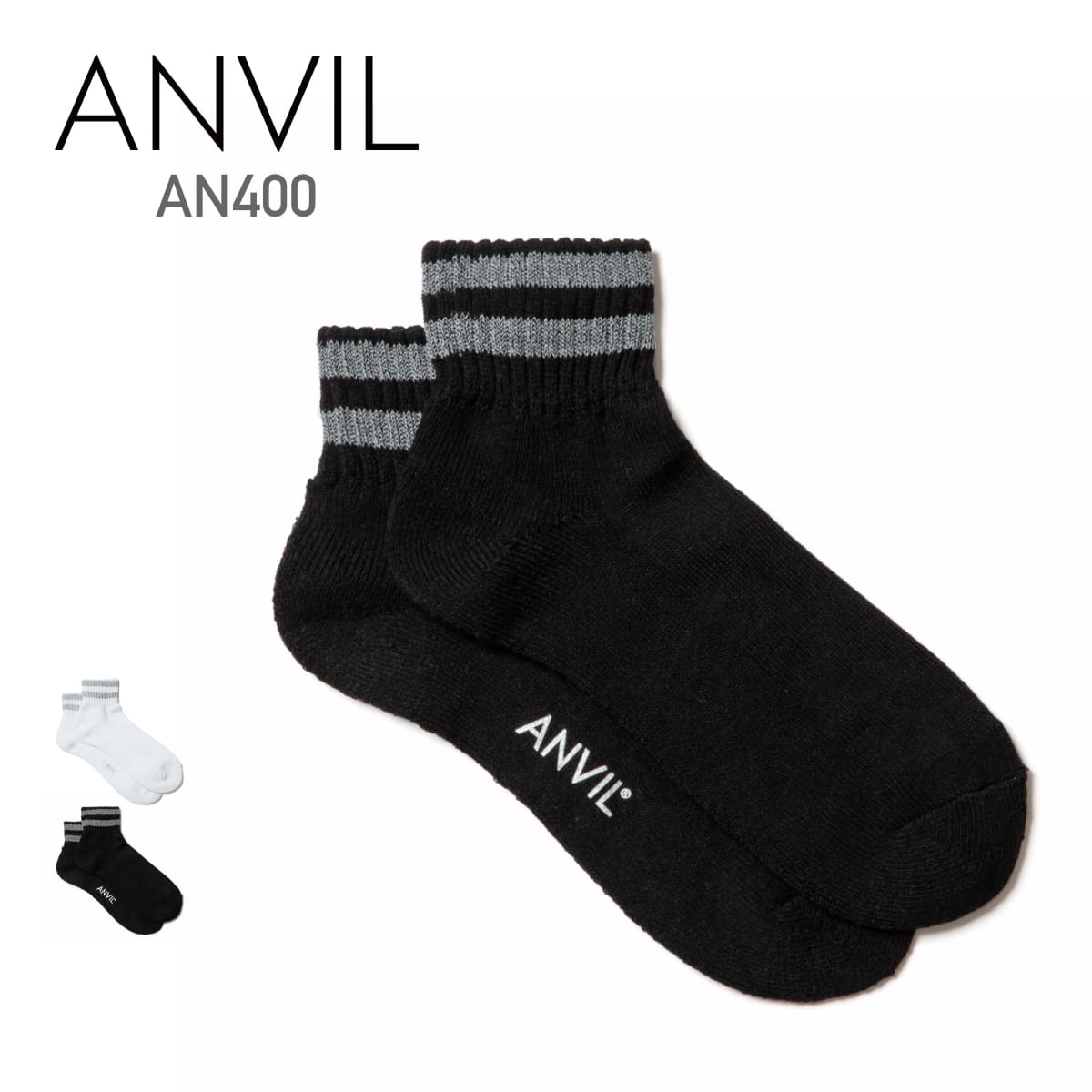 靴下 メンズ ANVIL アンビル USA コットン リフレクターライン クオーターソックス AN400 パイル 正規 アメカジ スポーツ ストリート ブランド ライン入り 白 黒