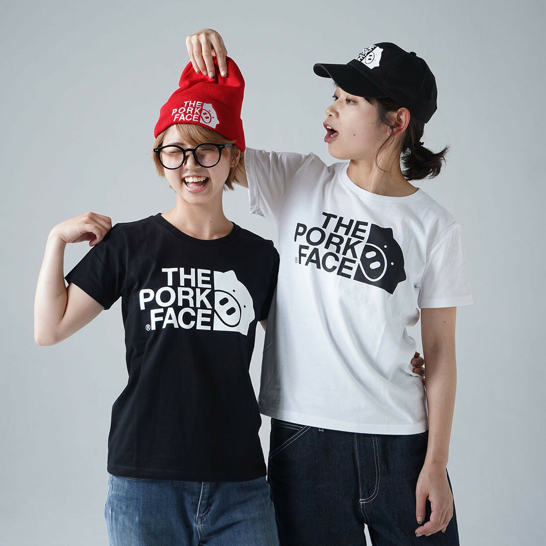 THE PORK FACE (ザ・ポークフェイス)] レディース コットン 半袖Tシャツ ロゴ大