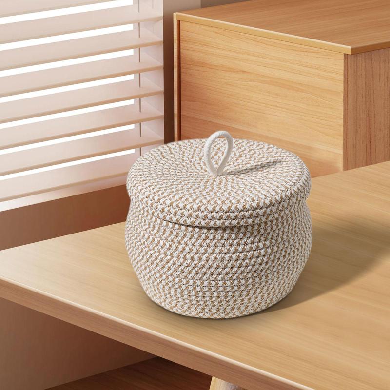 綿ロープ収納バスケット卵バスケット空のオーガナイザーラウンドファッション蓋付き織物ボックス化粧品タオルおもちゃスナック寝室