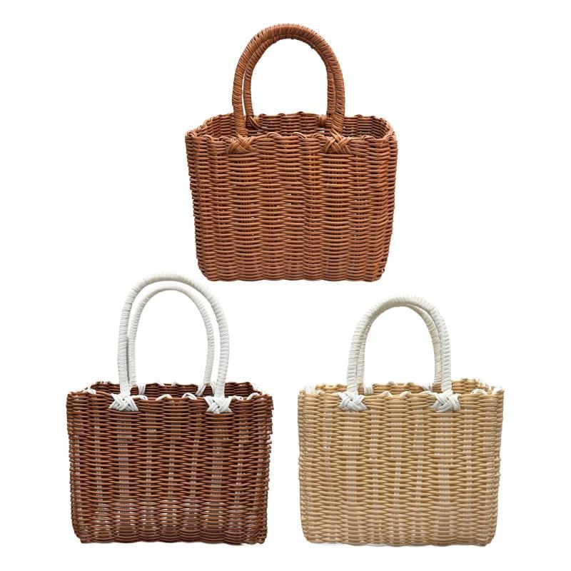 手編みバスケット 多機能 ハンドル装飾 化粧品容器 編みショッピングバスケット 屋外用収納