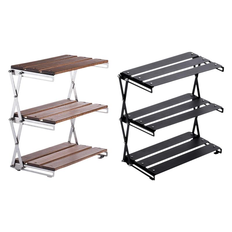 折りたたみ可能なキャンプラックディスプレイ3段の頑丈な軽量の木材ステンレス鋼オーガナイザー貯蔵貯..