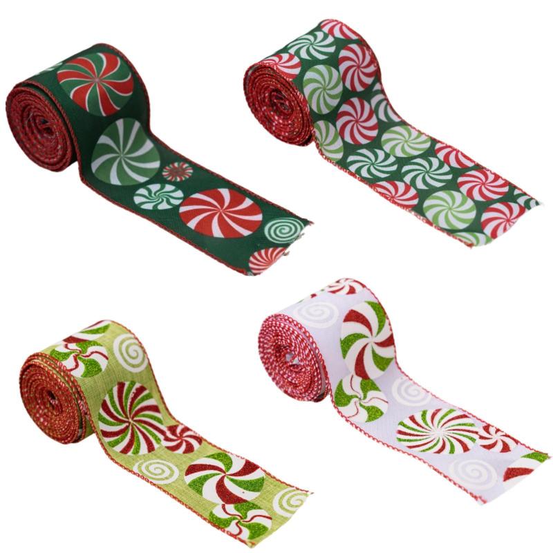 クリスマス ペパーミント ワイヤーエッジ リボン 2.5 インチ幅 クリスマス リボン 黄麻布リボン DIY ク..