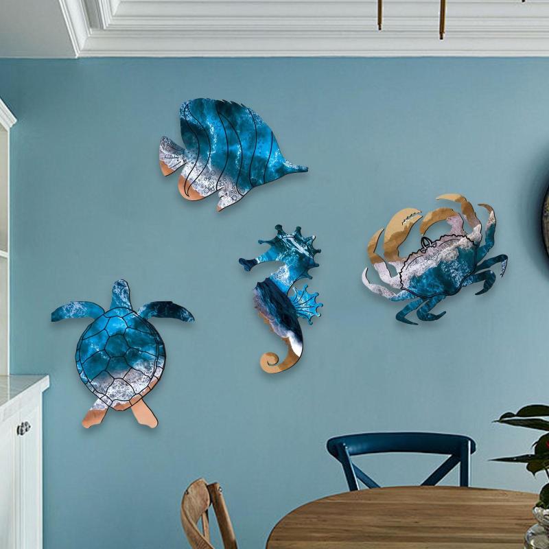 ウミガメ.タツノオトシゴ.カニ.魚の壁彫刻.カフェ用沿岸航海アート4体