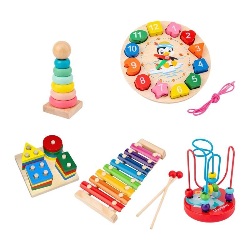 5x 教育用時計 モンテッソーリ おもちゃ ギフト 幼児用おもちゃセット 木製 分類と積み木 2 3歳以上の子供向け
