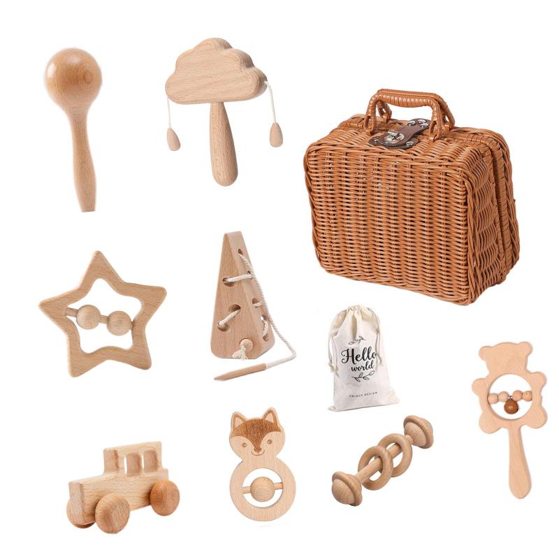 8 個のモンテッソーリおもちゃ木製赤ちゃんのおもちゃセット早期学習車新生児ギフト赤ちゃんガラガラ木のおもちゃガラガラ女の子幼児 6-12 ヶ月