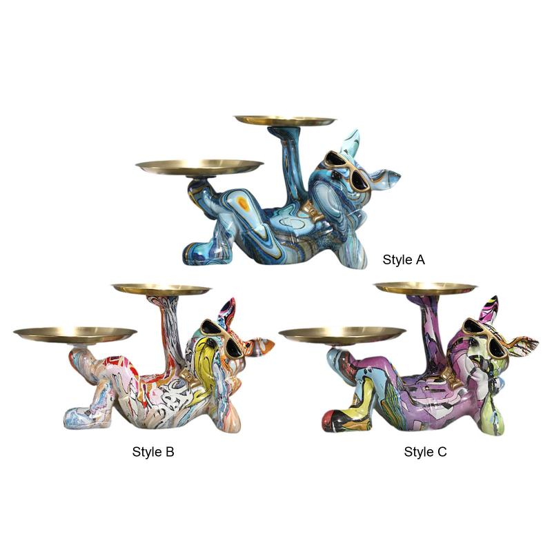 犬 フレンチブルドッグ 置物 キーホルダートレイ ジュエリー イヤリングトレイ 自宅 玄関 装飾用 かわいい樹脂彫刻 13x7.4x6.7インチ