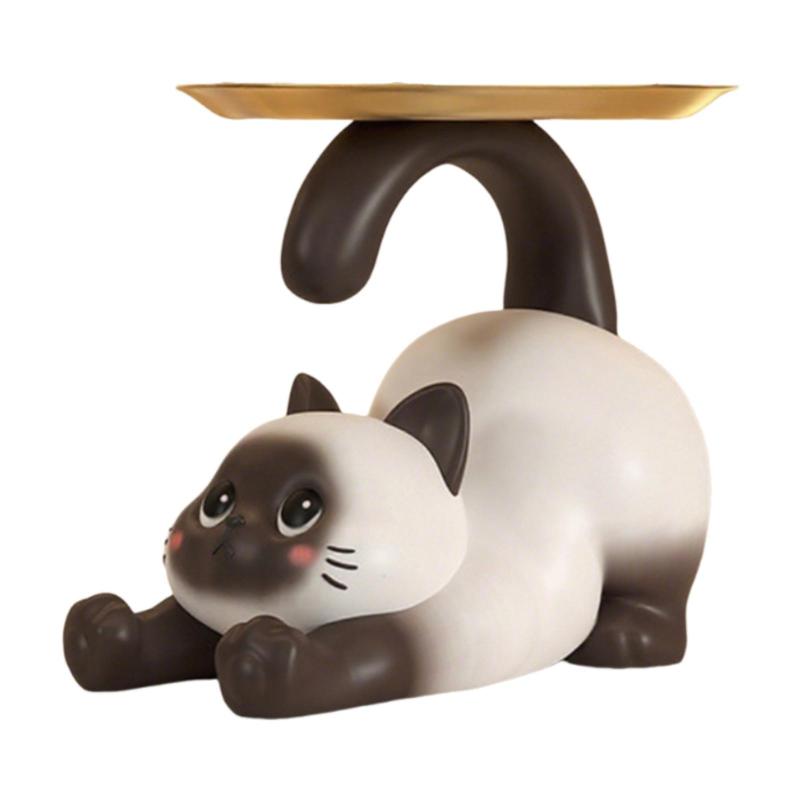 樹脂製猫の像.トレイ付き.かわいい多機能キーホルダー.デスク.キャビネット.寝室.玄関.ホームデコレーション用