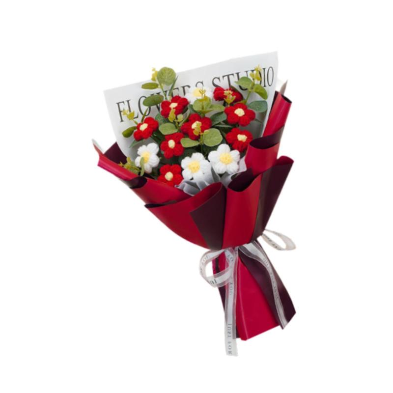 かぎ針編みの花束 手作りニットフラワーアレンジメント 家庭用造花 記念日のお祝いにプリザーブドフラワー