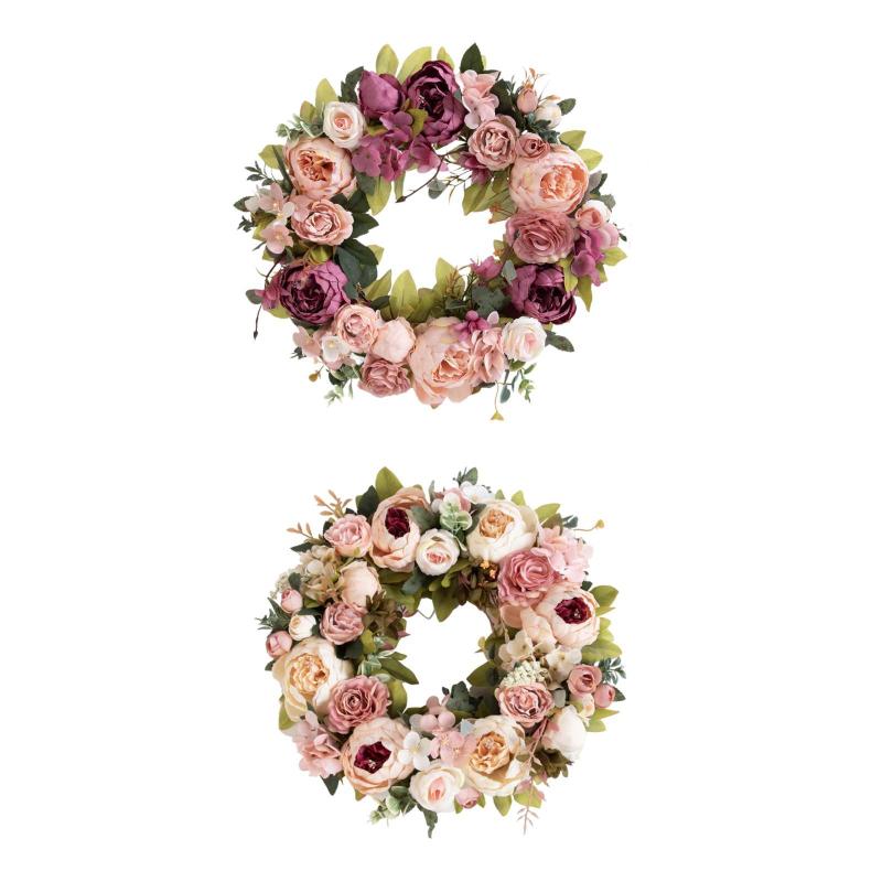 春のリースの玄関先用造花牡丹の花 40cm 屋外用ガーランド 結婚式 窓際 リビングルーム 新年 感謝祭用
