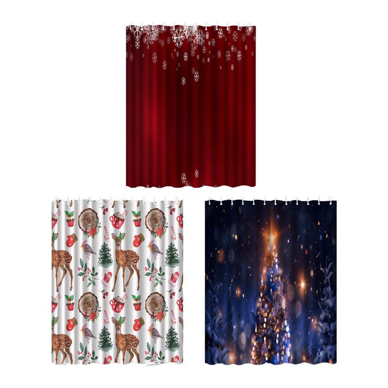 180x200cm クリスマスシャワーカーテン クリスマス装飾アクセサリー 洗濯可能 フック12個付き 多用途防..
