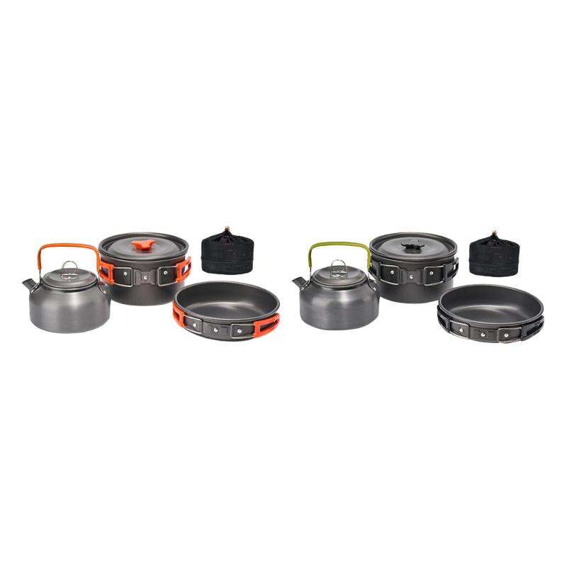 3点キャンプ用調理器具セット 2-3人用 収納バッグ付き フライパン.ティーポット.ケトル トレッキング ..