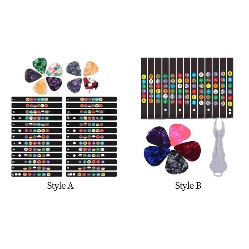 ギター指板ステッカーとギターピック.初心者向け6弦アコースティックギター指板ノートステッカー