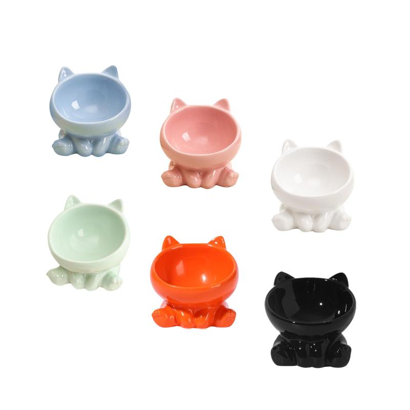 セラミック製高さのある猫用フードボウル皿 猫用フードと水用高さのあるボウル かわいい柄 安定したベ..