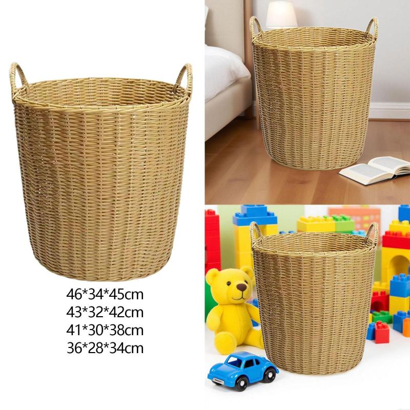 ポータブルな手作り編みかご.ハンドル付きランドリーバスケット.模造籐かご.毛布や衣類用のランドリーバスケットビン