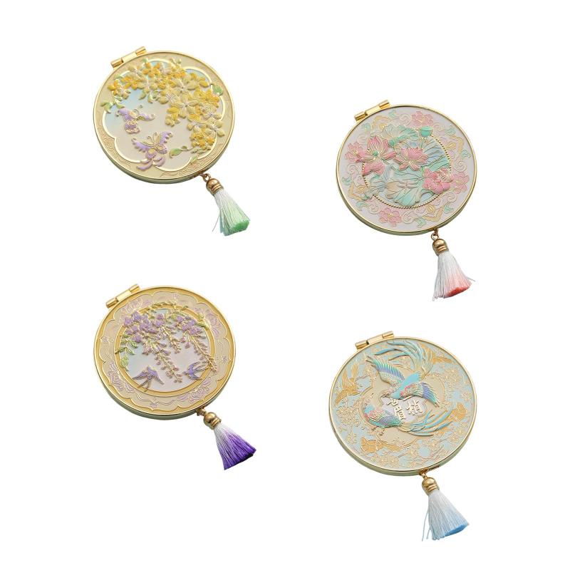 旅行用メイクアップミラー クリエイティブなラウンドメタル折りたたみ式ハンドヘルドミラー タッセル付き ポケットハンドバッグ財布用