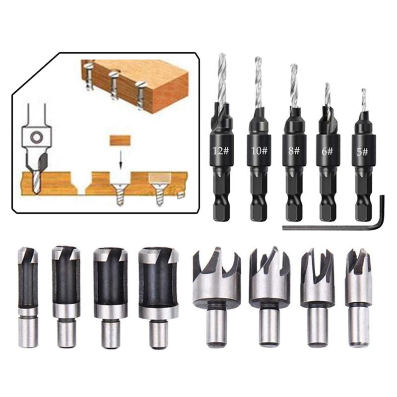 14ピース木工面取りドリルツール&Lレンチウッドカッター , 銀
