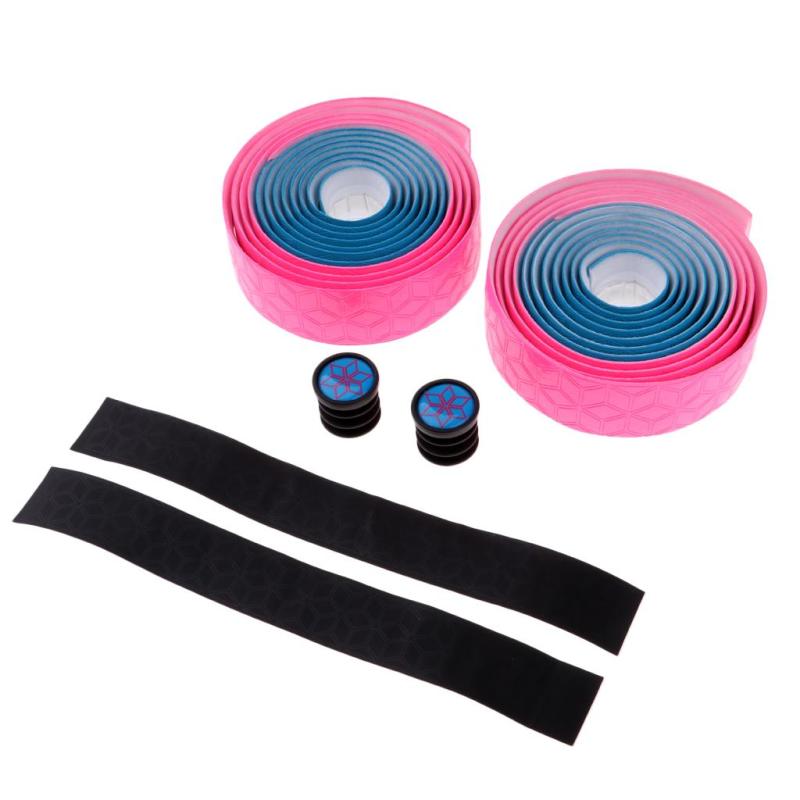 青とピンクのプラグが付いた1ペアロードバイクハンドルバーテープラップ