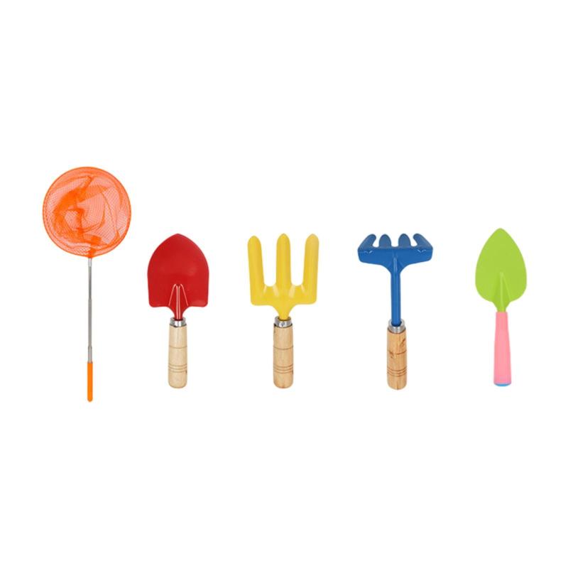 5点セット 子供用ガーデニングツール ガーデンツールキット コンパクト 滑り止めグリップ 男の子 女の子 ギフト 釣りネット シャベル 熊手 フォーク付き