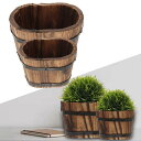 2x木製植木鉢植木鉢レトロ装飾植木鉢木製バケツプランターバレルテーブルデスクリビングルームバルコニー用