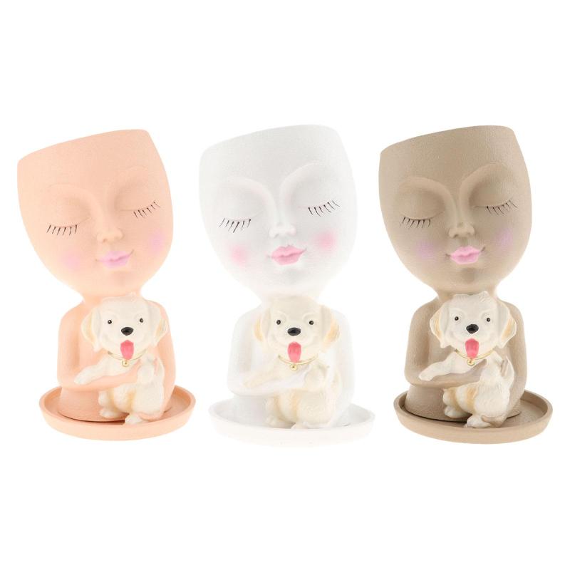 女の子の頭のプランターポット デスクトップ飾り 女の子の犬の像 置物 植木鉢 植物ポット オフィステー..