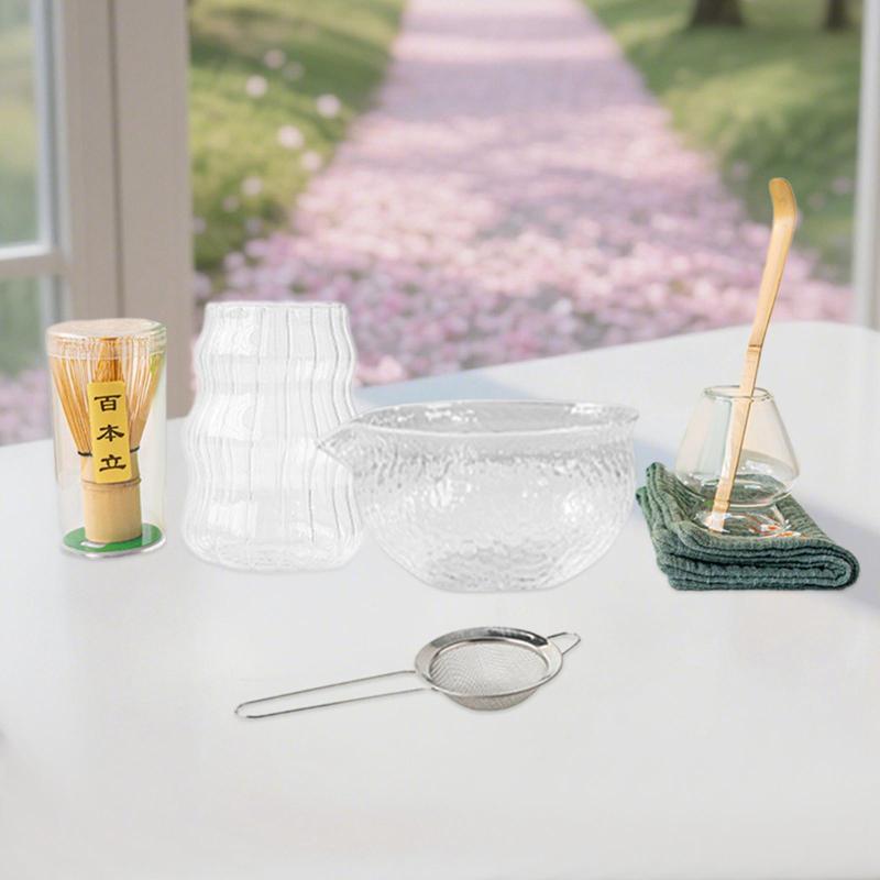 7個 日本の抹茶用セット 茶碗と泡立て器 ステンレスふるい付き
