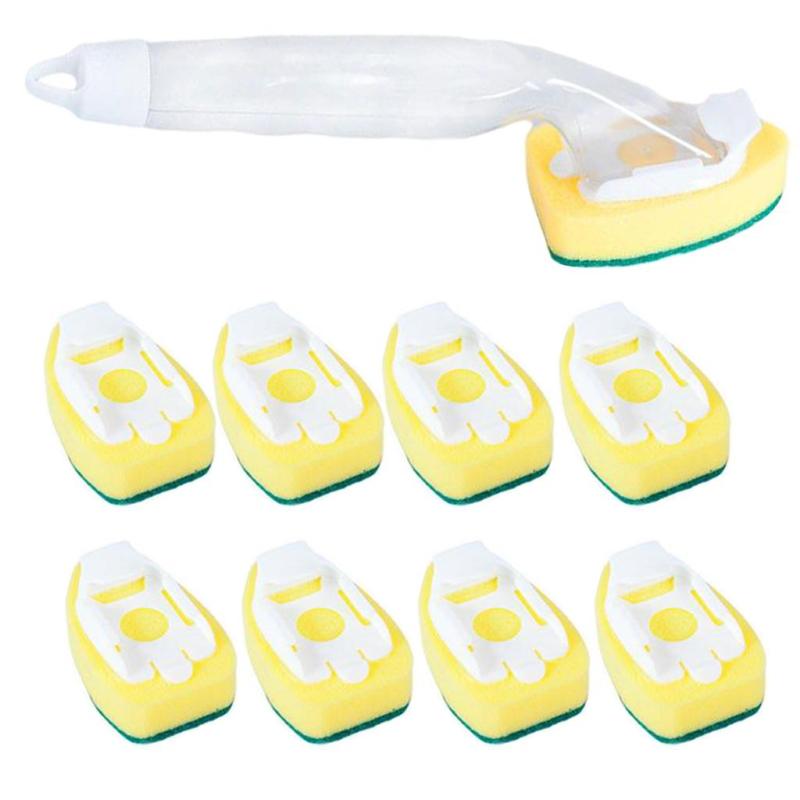 キッチンスポンジ 柄付き 油汚れ 洗剤入れ 長柄 台所スポンジ お風呂 浴室用 ブラシ 取り替え用8個付き