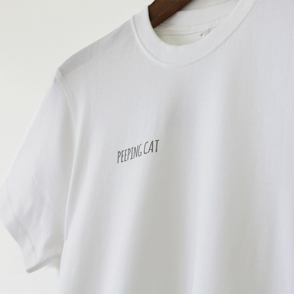 【猫柄 Tシャツ】Tシャツ マスク 付き　男女兼用 PEEPING CAT　プリント T シャツ クロネコ　ホワイト　Sサイズ