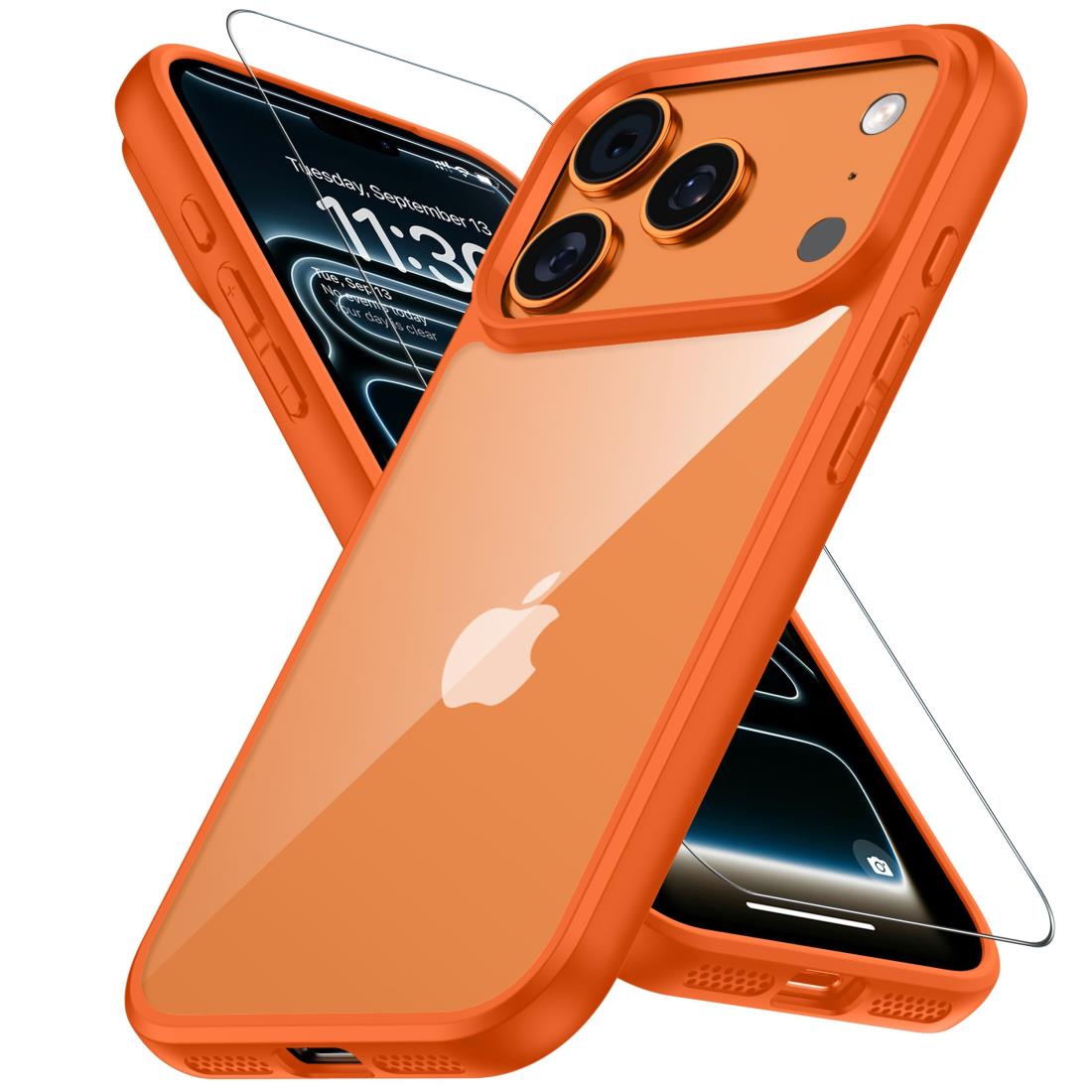 JUSTCOOL for iPhone 17 Pro用 ケース オレンジ ガラス保護付き 黄変防止 アイフォン17 プロ用 耐衝撃 アイフォン 17 ぷろ専用case 指紋防止 落下防止 いphone17 pro 用ケース 耐久性 ストラップホール付き 薄型 軽量 ソフト ワイヤレス充電対応 アイホン17pro（6.3インチ）