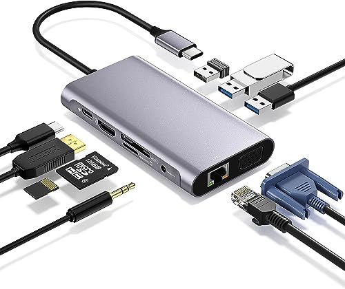 【2023高機能版】USB C ハブ 10-in-1 トリプルディスプレイ Type C ハブ ドッキングステーション 変換アダプタ【4K HDMI出力ポート / 1080P VGAポート/ PD 100W 急速充電ポート / 1Gbps イーサネット / 3つの USB-A ポート / 3.5mmポート / MicroSD & SDカード スロット搭載