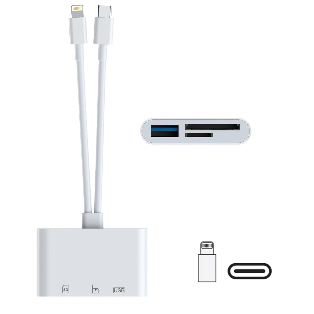 【MFi認証】iPhone SDカードリーダー 3in2 Lightning/USB C - USB3.0/SD/microSD 変換アダプタ OTG対応 高速伝送 双方向転送 読み書き同時 設定不要 操作不要 日本語説明書付きライトニング カードリーダー SDカード、TFカード、Uディスク、USB周辺機器対応 iPhone/iPad/IOS