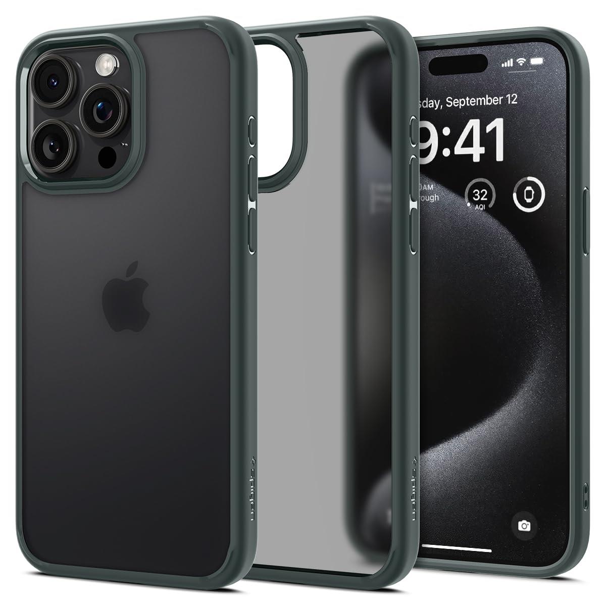 Spigen iPhone 15 Pro Max ケース 半透明 ストラップホール 米軍MIL規格 ウルトラ・ハイブリッド ACS06569 (フロスト・グリーン)