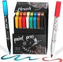 Acrylic Paint Pens Brush Tip アクリル ペイントペン ブラシチップ メタリック8本 ベーシックカラー8本 ペイントアート マーカー セット カリグラフィ筆ペン スクラップブック ブラシレタリング カードメイキング スケッチ ブラックペーパー ロックペインティング 陶器ペイ