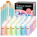 Shuttle Art アクリル絵の具 パステルカラー 30色 絵の具セット 60ml ペイントブラシ10本付き かわいい 柔らかい色調 キャンバス/石/木/ガ...