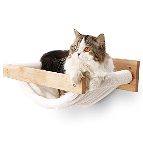 ネコ用グッズ FUKUMARU壁掛け式猫用ハンモック、ラバーウッド製骨組み、睡眠、運動、休憩等が可能な猫用ハンモックです。15でも大丈夫 (ホワイト フランネル)