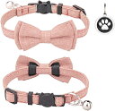 猫 首輪 ネコ 猫用 首輪 子犬 迷子札付き リボン付き 鈴付き セーフティバックル 可愛い 調整可能 軽量 ペット首輪 布 シンプル 4色 (ピンク(1個入り...