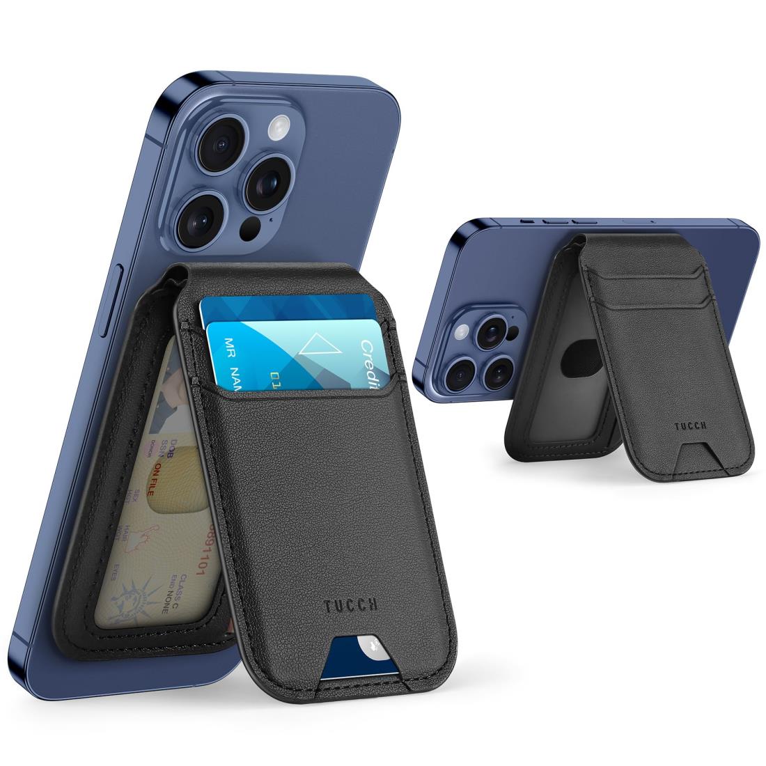 [TUCCH] スマホカードケース 磁気吸着 ウォレットケース 折畳式 軽量 横置きスタンド機能 [RFIDブロッキン] 角度調整可 マグネット内蔵 高級PU合皮 スマホスタンド 5枚カード入れ iPhone16/ 15/14/13/12 シリーズ対応 ブラック