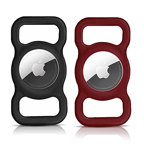 Asopetch AirTag ケース 2枚入りAirTag キーホルダー シリコン製 擦傷防止 紛失防止 耐衝撃 ペット 犬猫Airtag 首輪AirTag専用保護カバー(ブラック＋ワインレッド)のサムネイル
